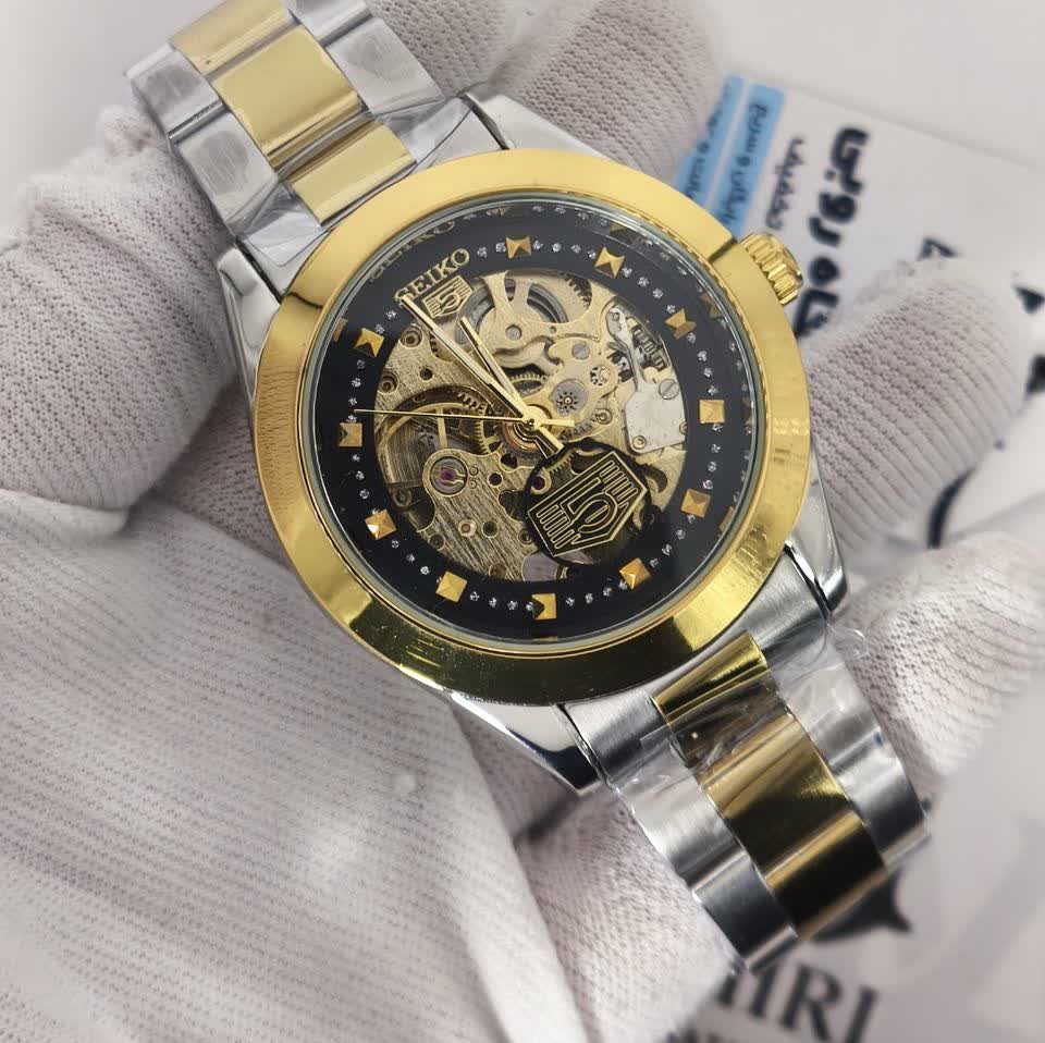 ساعت مچی اتوماتیک مردانه سیکو پنج SEIKO 5 نقره ای طلایی صفحه مشکی