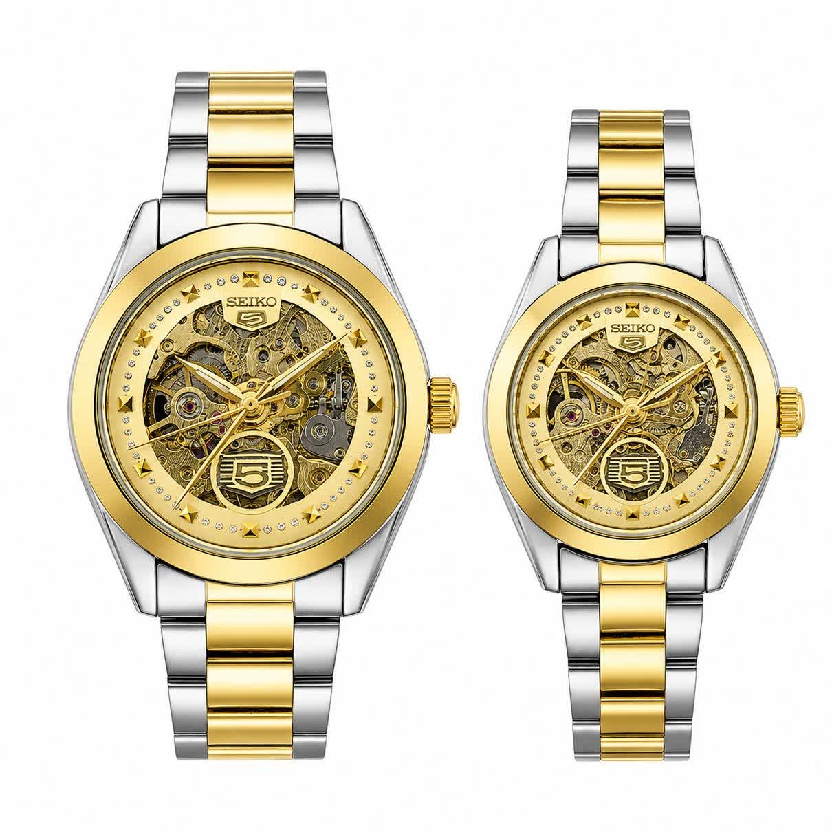 ست ساعت مچی اتوماتیک زنانه و مردانه سیکو پنج SEIKO 5 نقره ای رگه طلایی صفحه طلایی