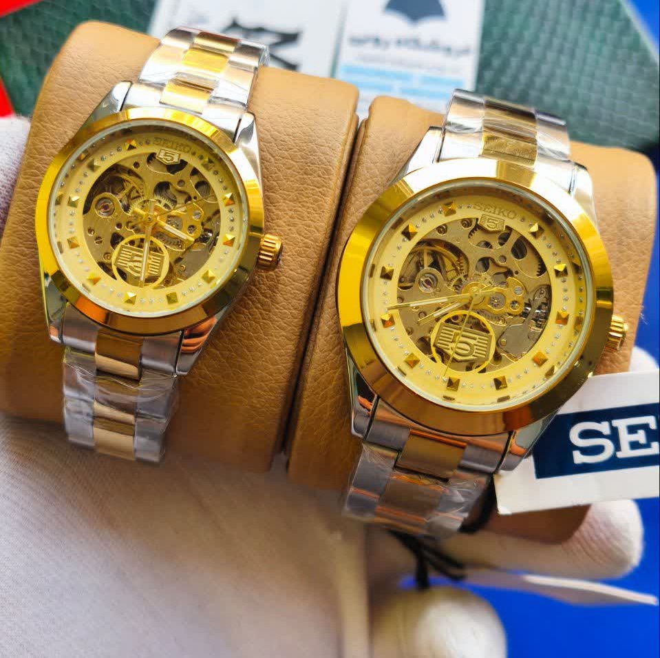 ست ساعت مچی اتوماتیک زنانه و مردانه سیکو پنج SEIKO 5 نقره ای رگه طلایی صفحه طلایی