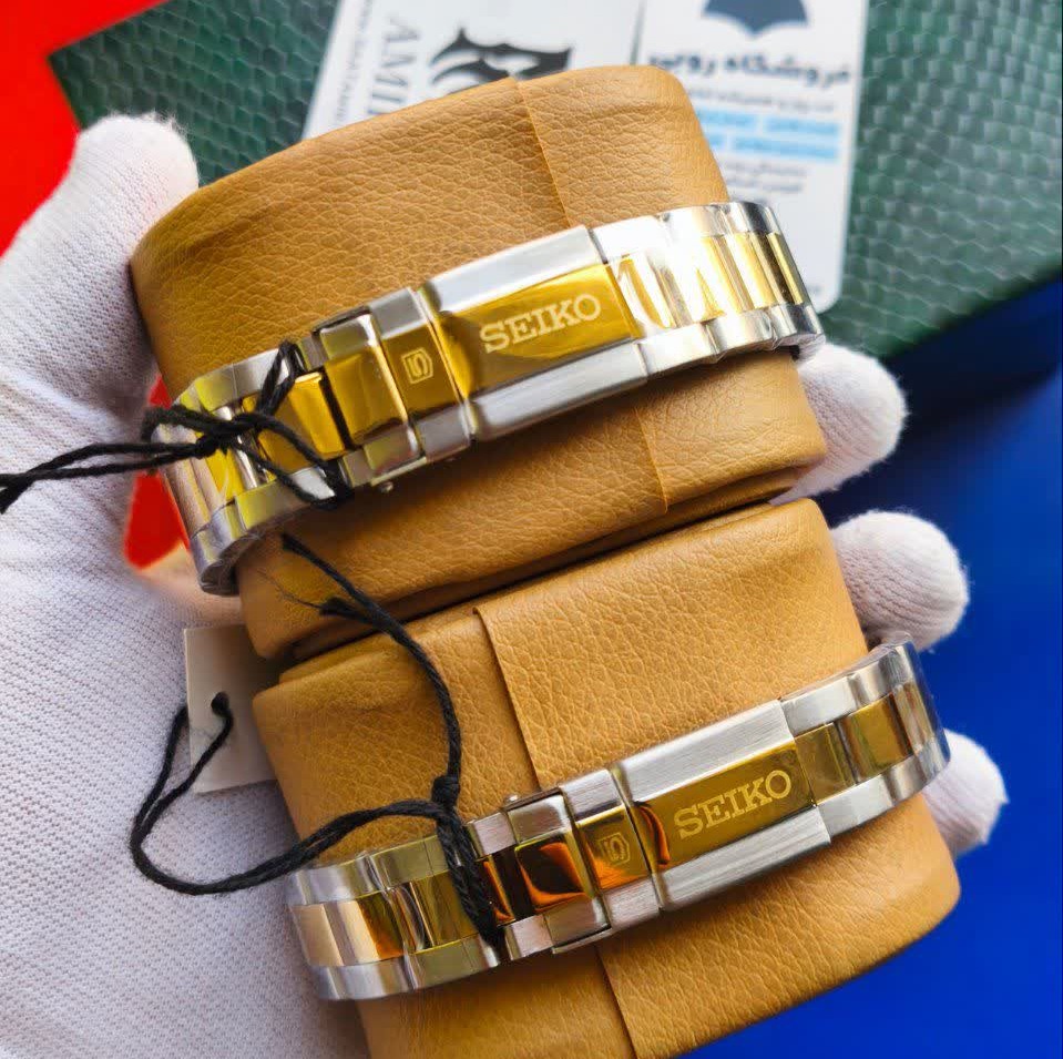ست ساعت مچی اتوماتیک زنانه و مردانه سیکو پنج SEIKO 5 نقره ای رگه طلایی صفحه طلایی