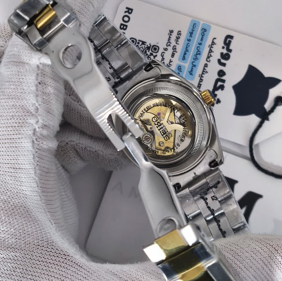 ست ساعت مچی اتوماتیک زنانه و مردانه سیکو پنج SEIKO 5 نقره ای رگه طلایی صفحه طلایی