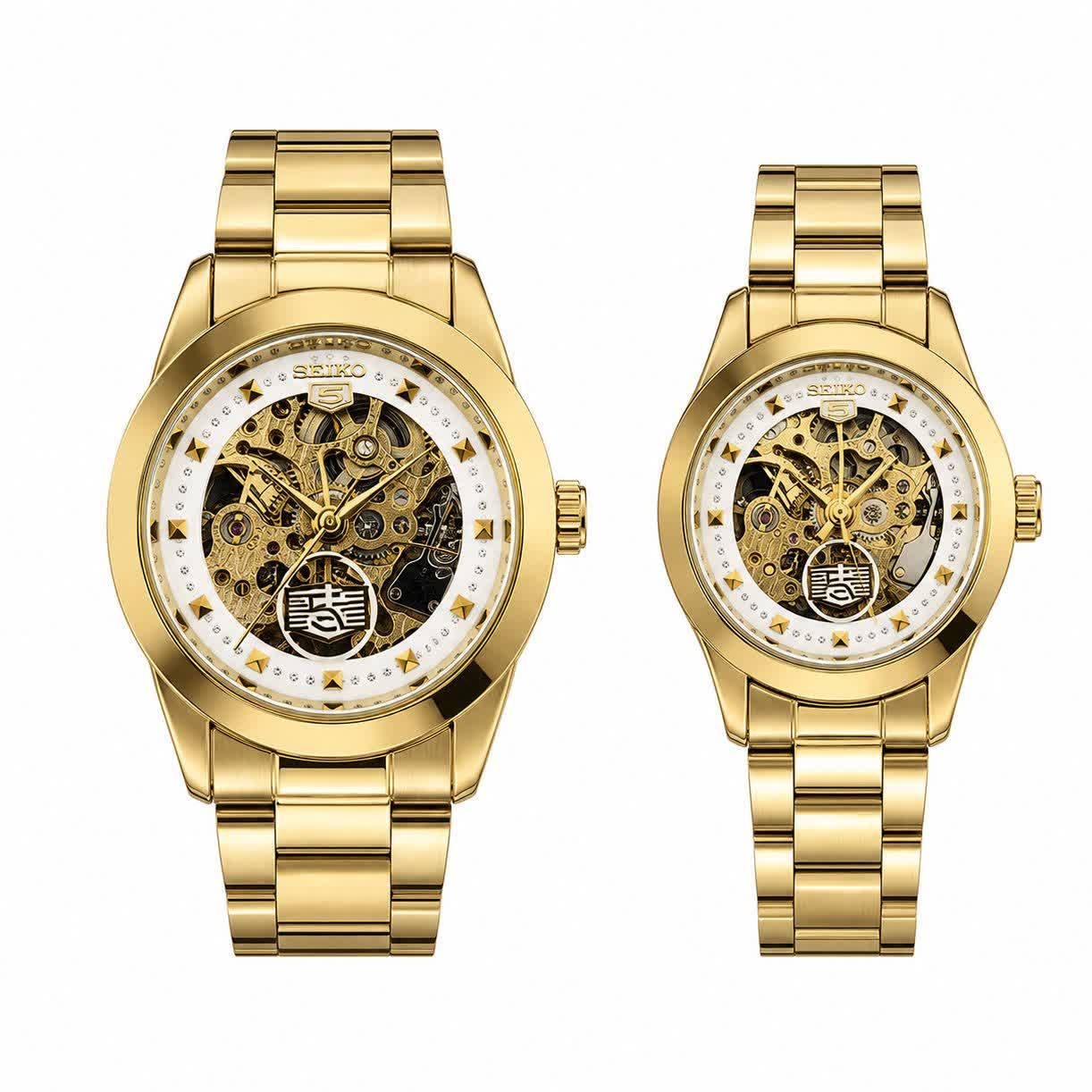 ست ساعت مچی اتوماتیک زنانه و مردانه سیکو پنج SEIKO 5 طلایی صفحه سفید
