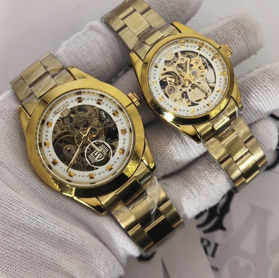 ست ساعت مچی اتوماتیک زنانه و مردانه سیکو پنج SEIKO 5 طلایی صفحه سفید