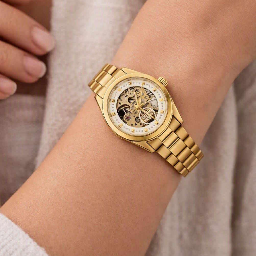 ست ساعت مچی اتوماتیک زنانه و مردانه سیکو پنج SEIKO 5 طلایی صفحه سفید
