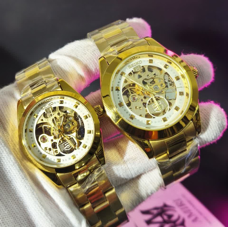 ست ساعت مچی اتوماتیک زنانه و مردانه سیکو پنج SEIKO 5 طلایی صفحه سفید