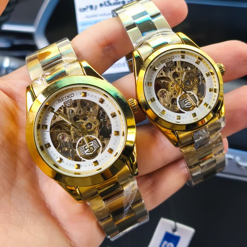 ست ساعت مچی اتوماتیک زنانه و مردانه سیکو پنج SEIKO 5 طلایی صفحه سفید