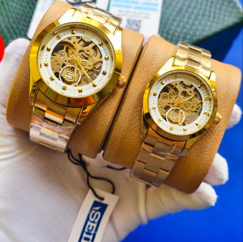 ست ساعت مچی اتوماتیک زنانه و مردانه سیکو پنج SEIKO 5 طلایی صفحه سفید