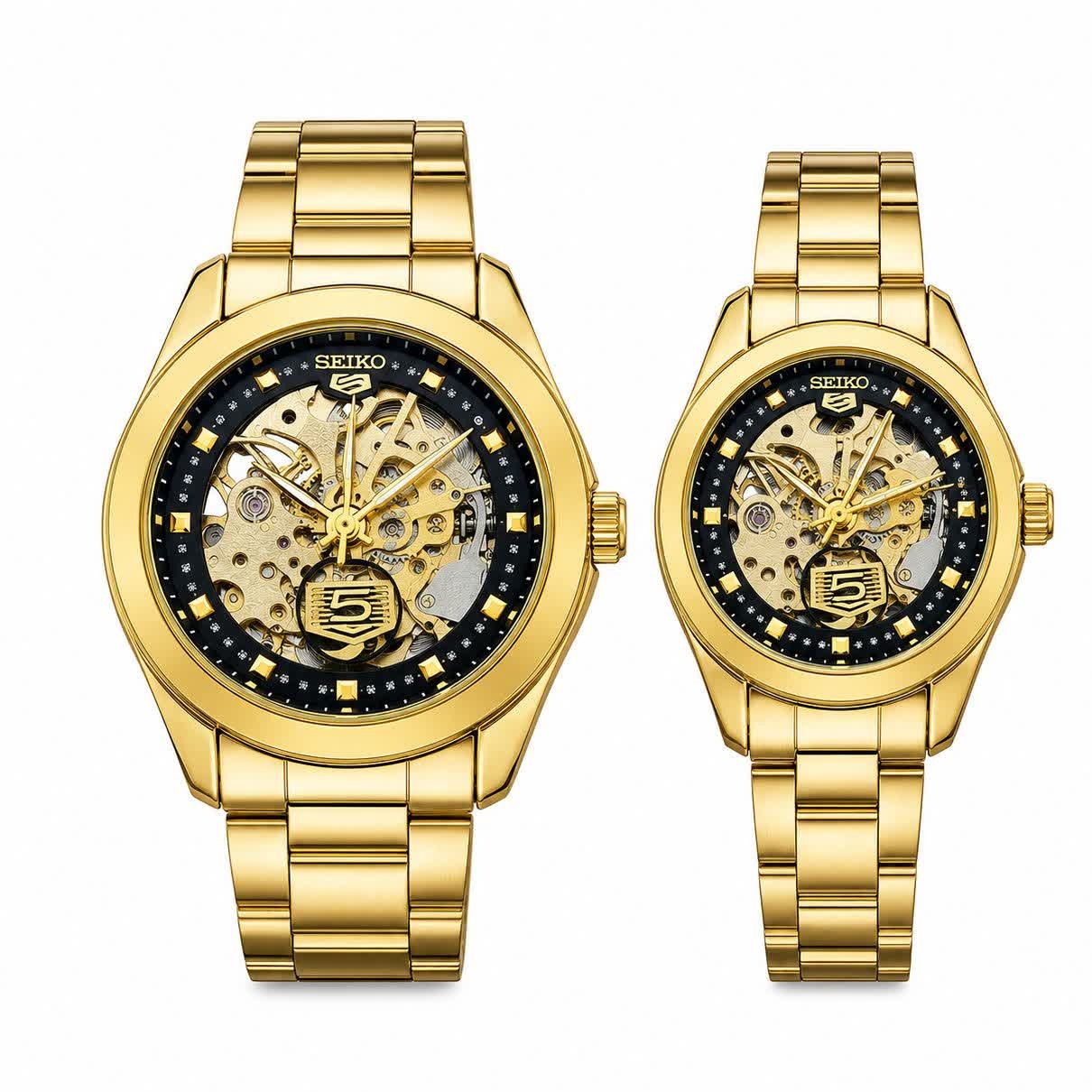 ست ساعت مچی اتوماتیک زنانه و مردانه سیکو پنج SEIKO 5 طلایی صفحه مشکی