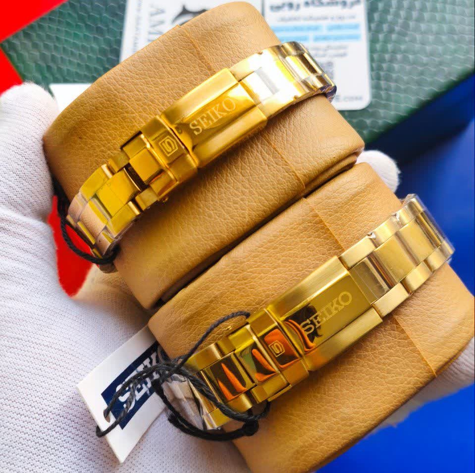 ست ساعت مچی اتوماتیک زنانه و مردانه سیکو پنج SEIKO 5 طلایی صفحه مشکی
