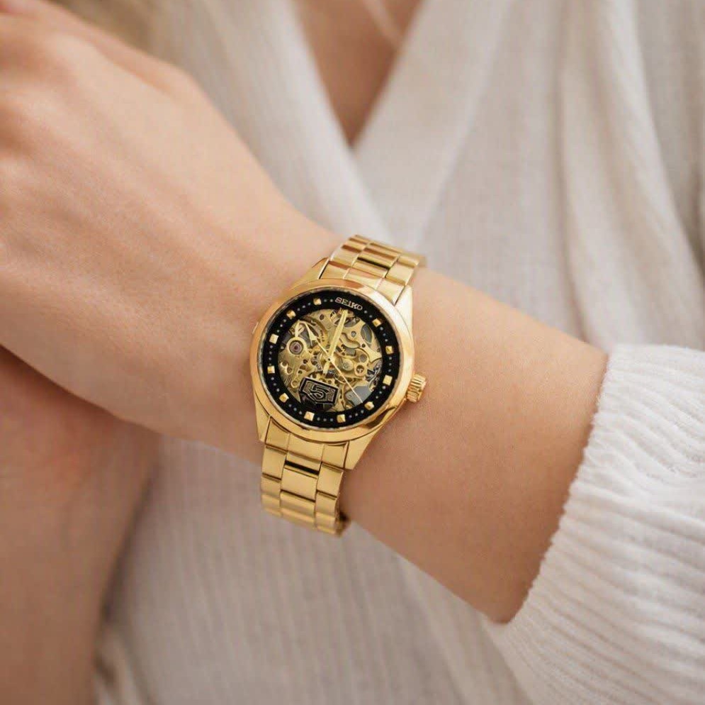 ست ساعت مچی اتوماتیک زنانه و مردانه سیکو پنج SEIKO 5 طلایی صفحه مشکی