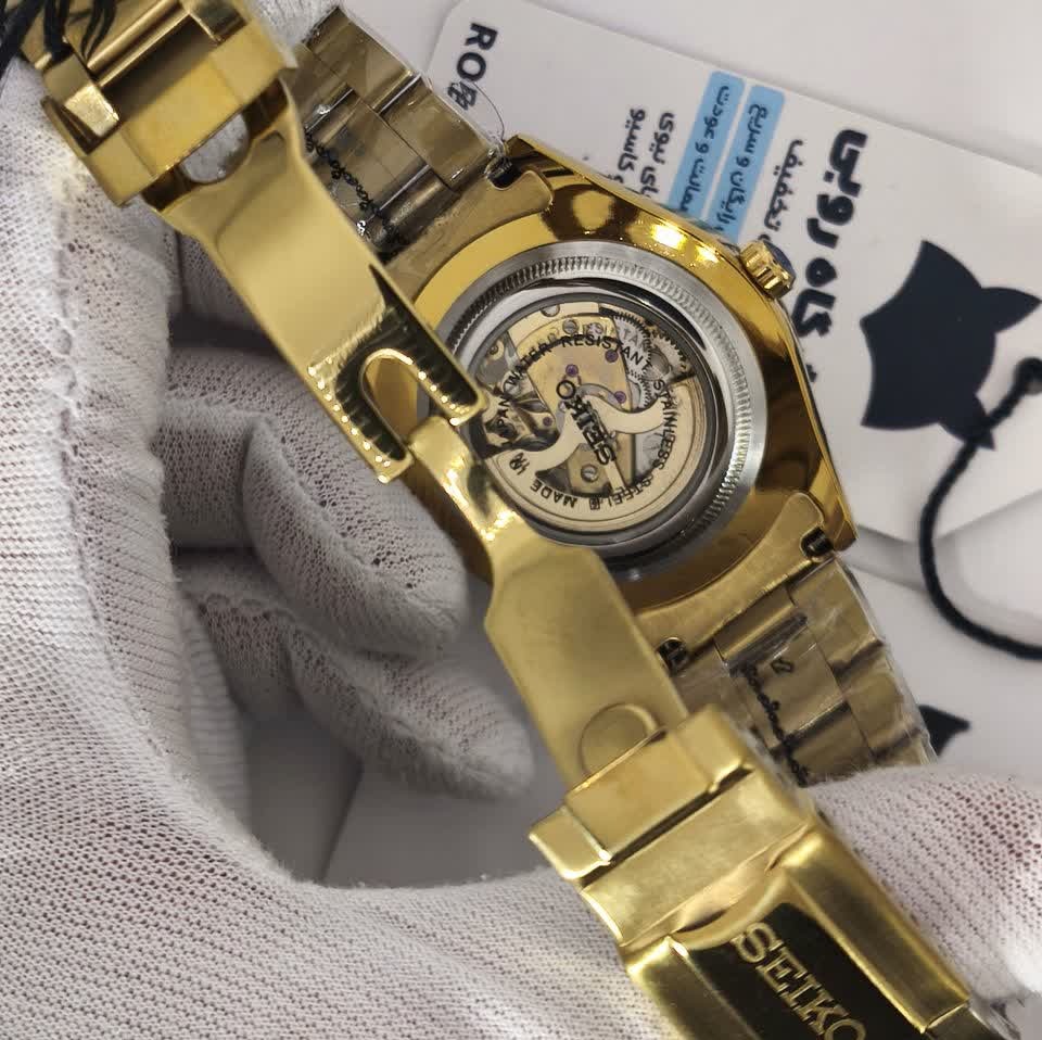 ست ساعت مچی اتوماتیک زنانه و مردانه سیکو پنج SEIKO 5 طلایی صفحه مشکی