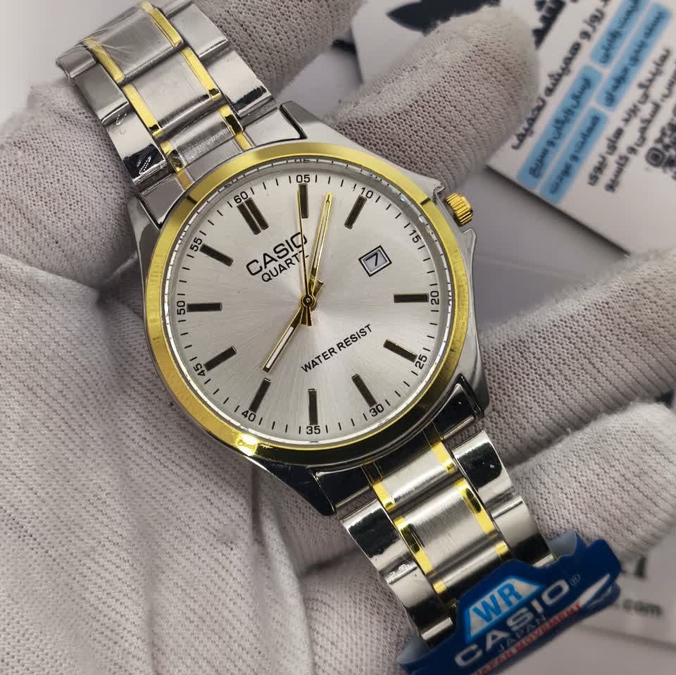 ساعت مچی مردانه کاسیو CASIO موتور ژاپن طلایی صفحه سفید مدلP2 + جعبه