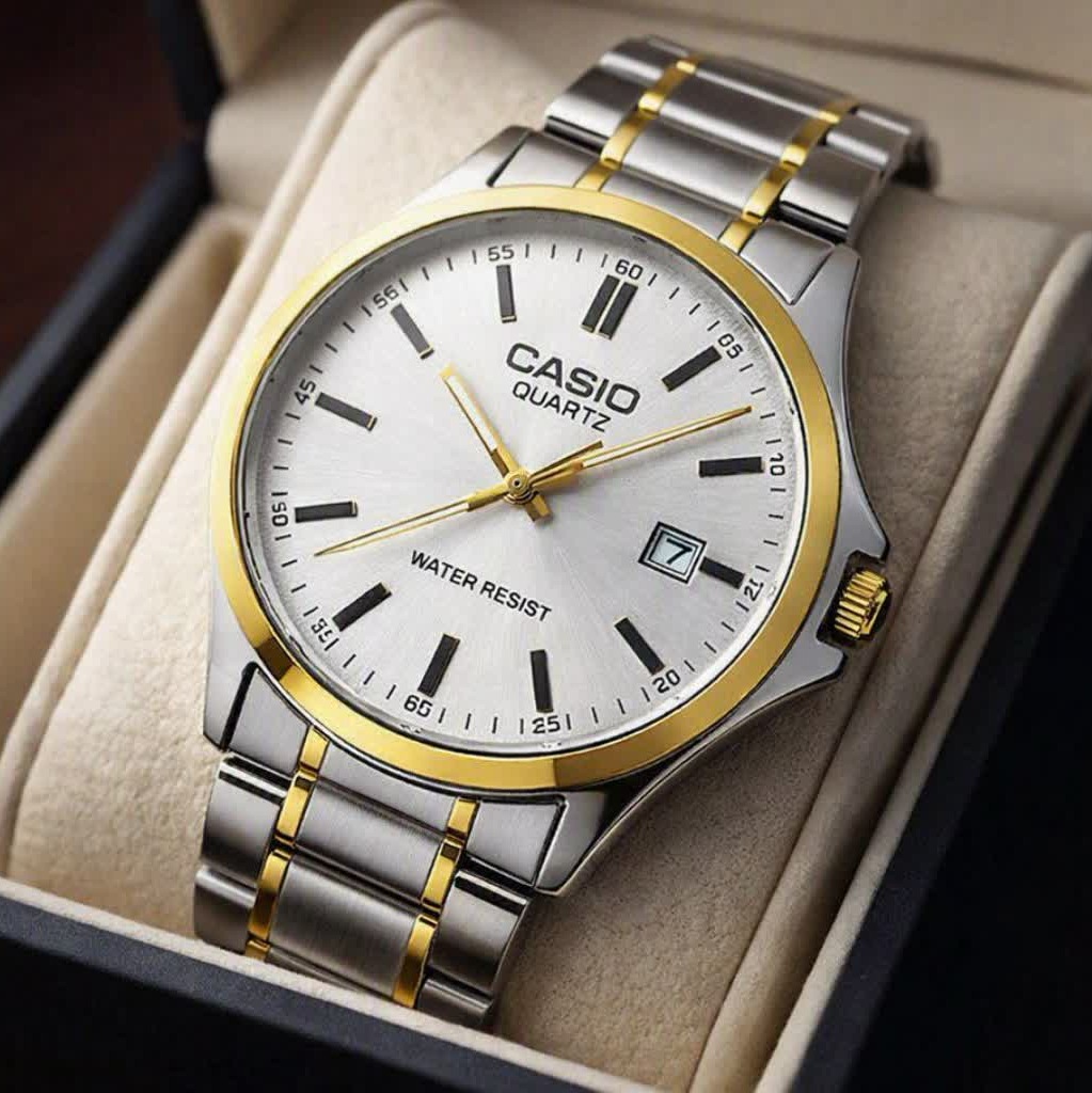 ساعت مچی مردانه کاسیو CASIO موتور ژاپن طلایی صفحه سفید مدلP2 + جعبه