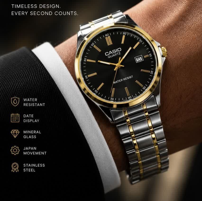 ساعت مچی مردانه کاسیو CASIO موتور ژاپن طلایی صفحه مشکی مدلP3 + جعبه