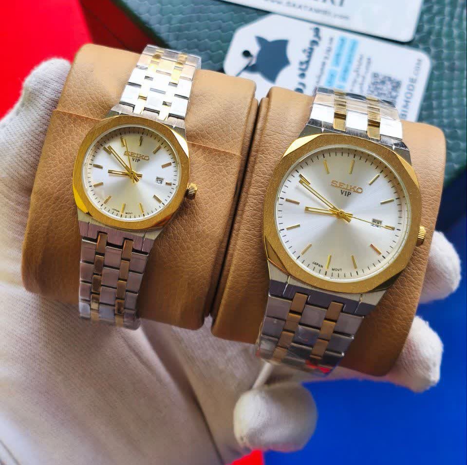 ست ساعت مچی مردانه و زنانه سیکو SEIKO موتور ژاپن صفحه رگه طلایی با اصالت