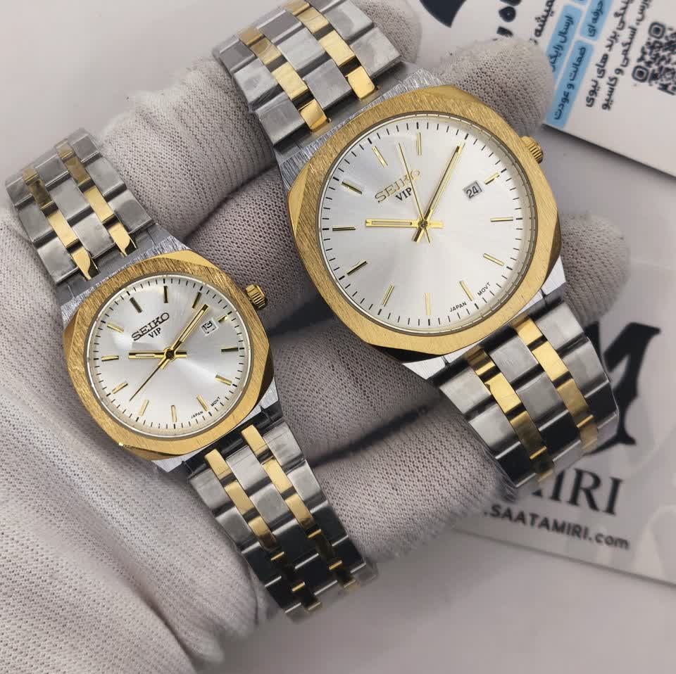 ست ساعت مچی مردانه و زنانه سیکو SEIKO موتور ژاپن صفحه رگه طلایی با اصالت