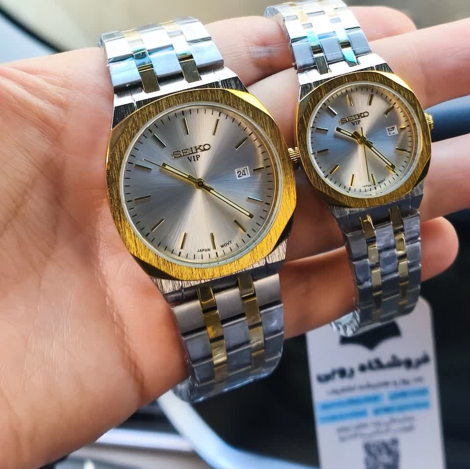 ست ساعت مچی مردانه و زنانه سیکو SEIKO موتور ژاپن صفحه رگه طلایی با اصالت