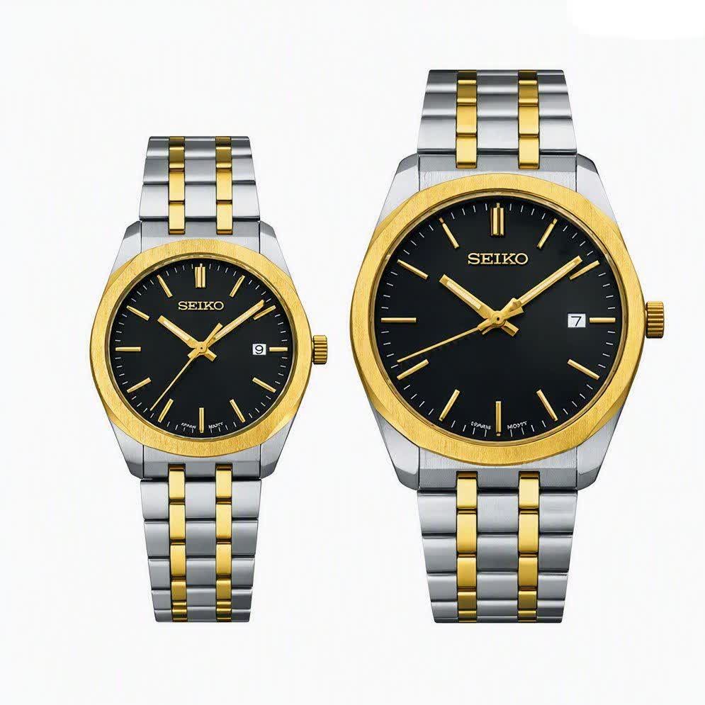 ست ساعت مچی مردانه و زنانه سیکو SEIKO موتور ژاپن صفحه مشکی با اصالت