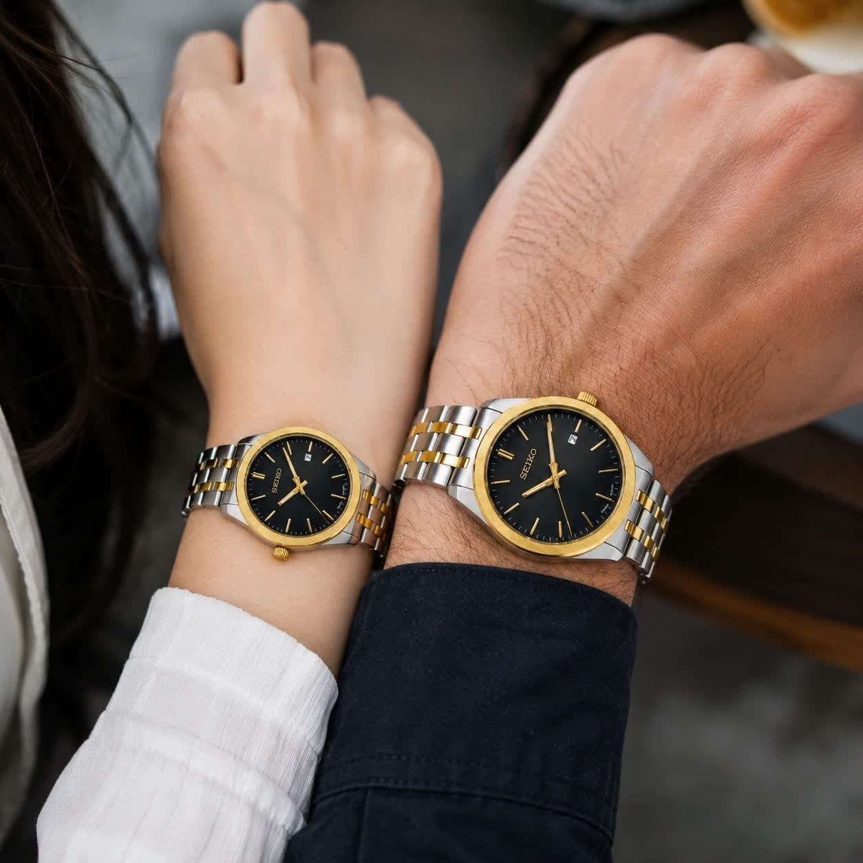 ست ساعت مچی مردانه و زنانه سیکو SEIKO موتور ژاپن صفحه مشکی با اصالت