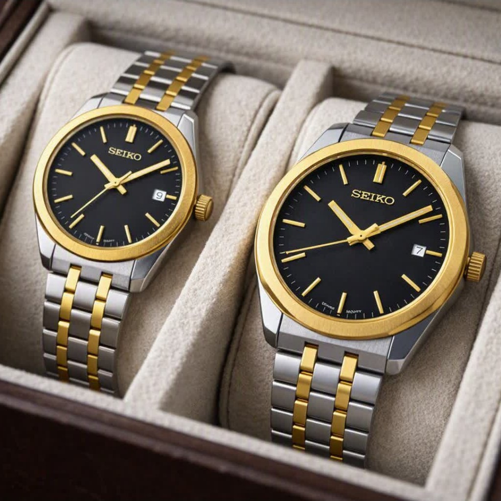 ست ساعت مچی مردانه و زنانه سیکو SEIKO موتور ژاپن صفحه مشکی با اصالت