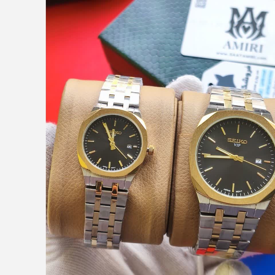ست ساعت مچی مردانه و زنانه سیکو SEIKO موتور ژاپن صفحه مشکی با اصالت