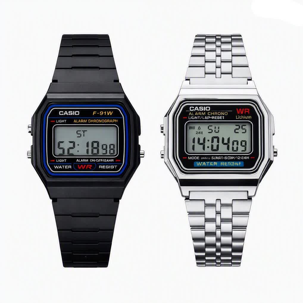 دو عدد ساعت مردانه کاسیو CASIO مدل WR مشکی رابر و نقره ای استیل موتور ژاپن