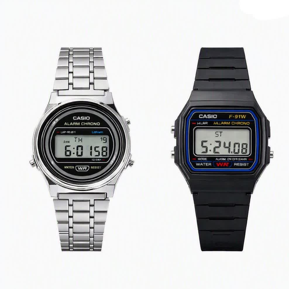 دو عدد ساعت مردانه کاسیو CASIO مدل WR مشکی رابر و نقره ای استیل گرد موتور ژاپن