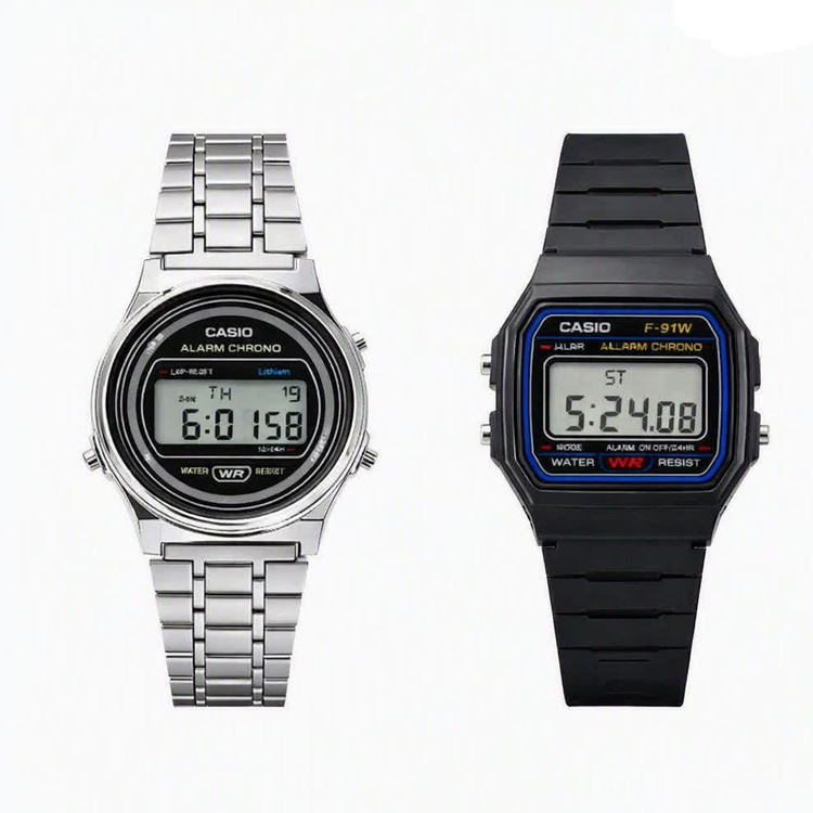 دو عدد ساعت مردانه کاسیو CASIO مدل WR مشکی رابر و نقره ای استیل گرد موتور ژاپن