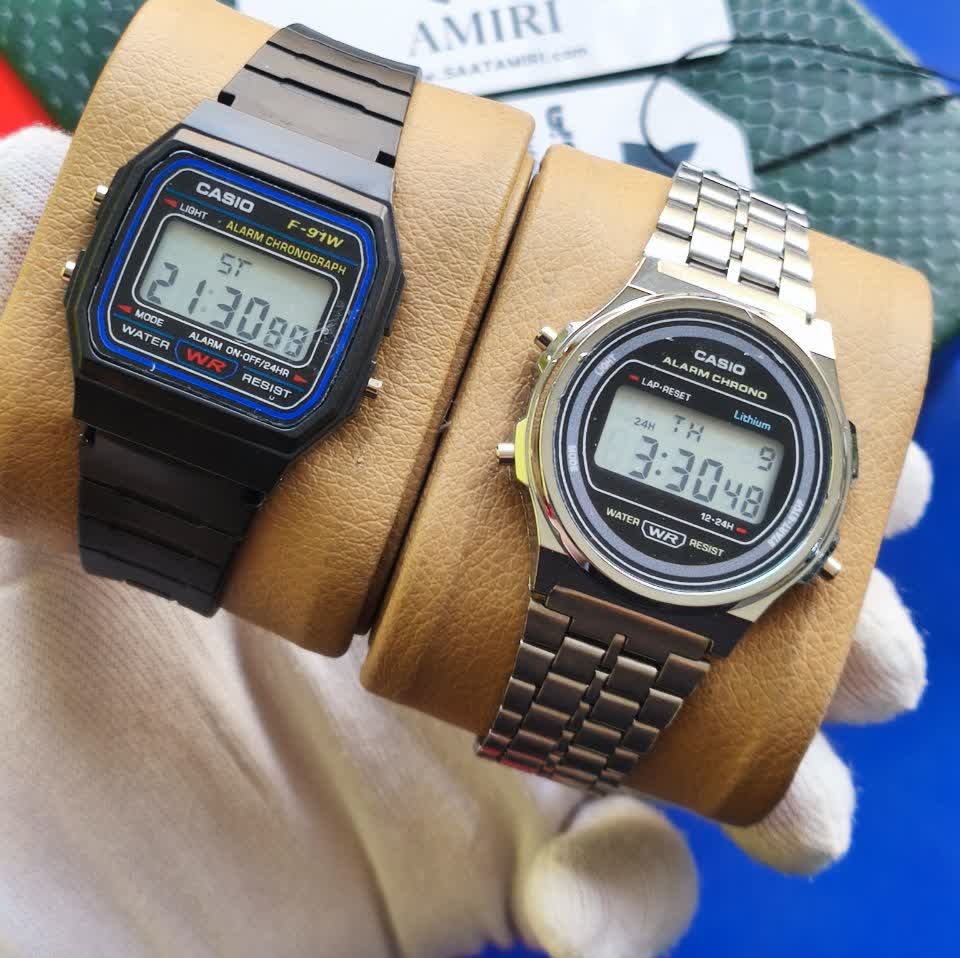 دو عدد ساعت مردانه کاسیو CASIO مدل WR مشکی رابر و نقره ای استیل گرد موتور ژاپن