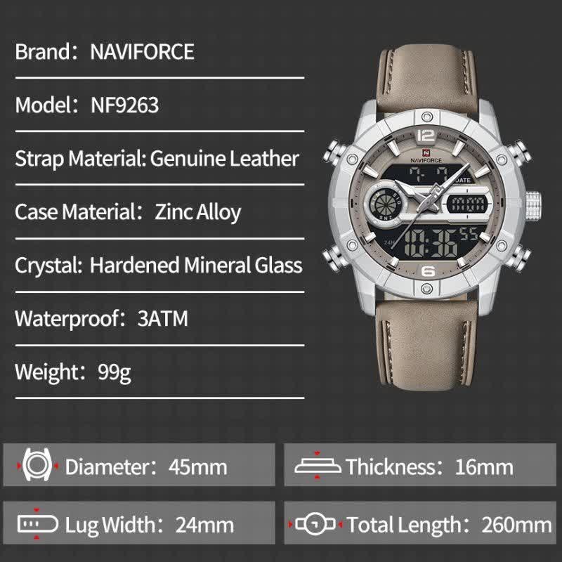 ساعت مچی نیوی فورس عقربه ای و دیجیتال مردانه NAVIFORCE مدل NF9263 بند کرمی
