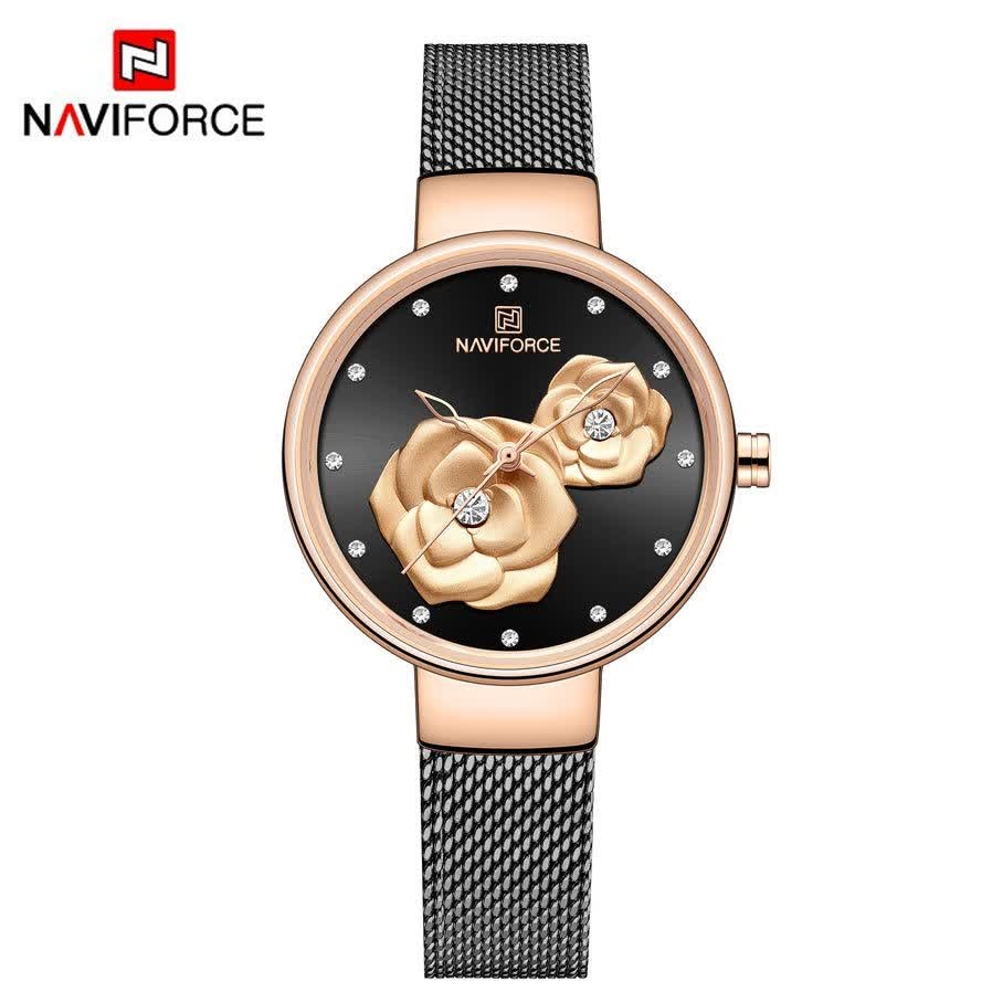 ساعت مچی نیوی فورس زنانه حصیری طرح گل NAVIFORCE مدل NF5013 مشکی