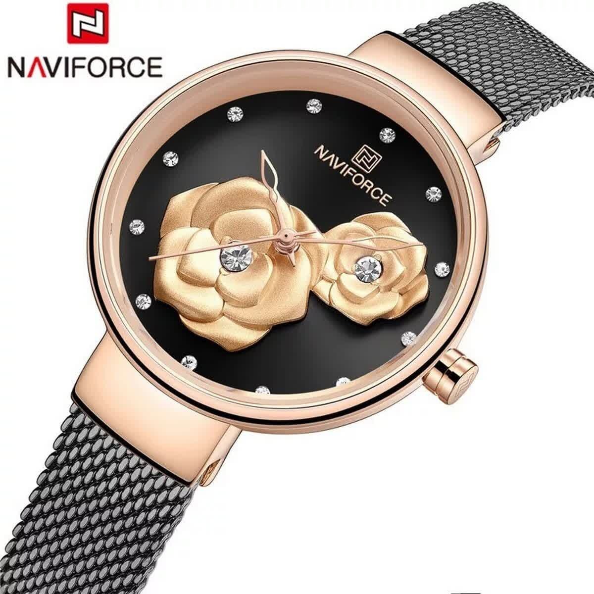 ساعت مچی نیوی فورس زنانه حصیری طرح گل NAVIFORCE مدل NF5013 مشکی