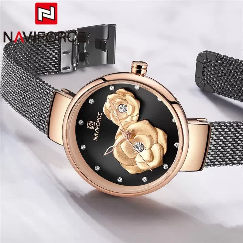 ساعت مچی نیوی فورس زنانه حصیری طرح گل NAVIFORCE مدل NF5013 مشکی