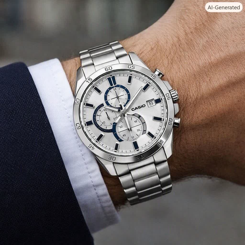 ساعت مچی مردانه کاسیو ادیفایس سه زمانه CASIO EDIFICE نقره ای سفید + جعبه