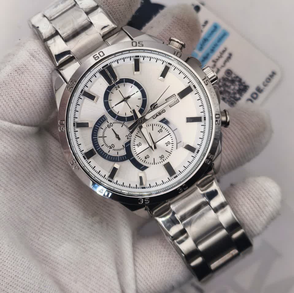 ساعت مچی مردانه کاسیو ادیفایس سه زمانه CASIO EDIFICE نقره ای سفید + جعبه