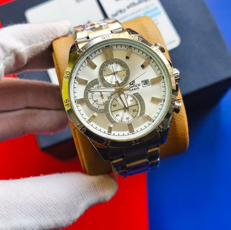 ساعت مچی مردانه کاسیو ادیفایس سه زمانه CASIO EDIFICE نقره ای سفید + جعبه