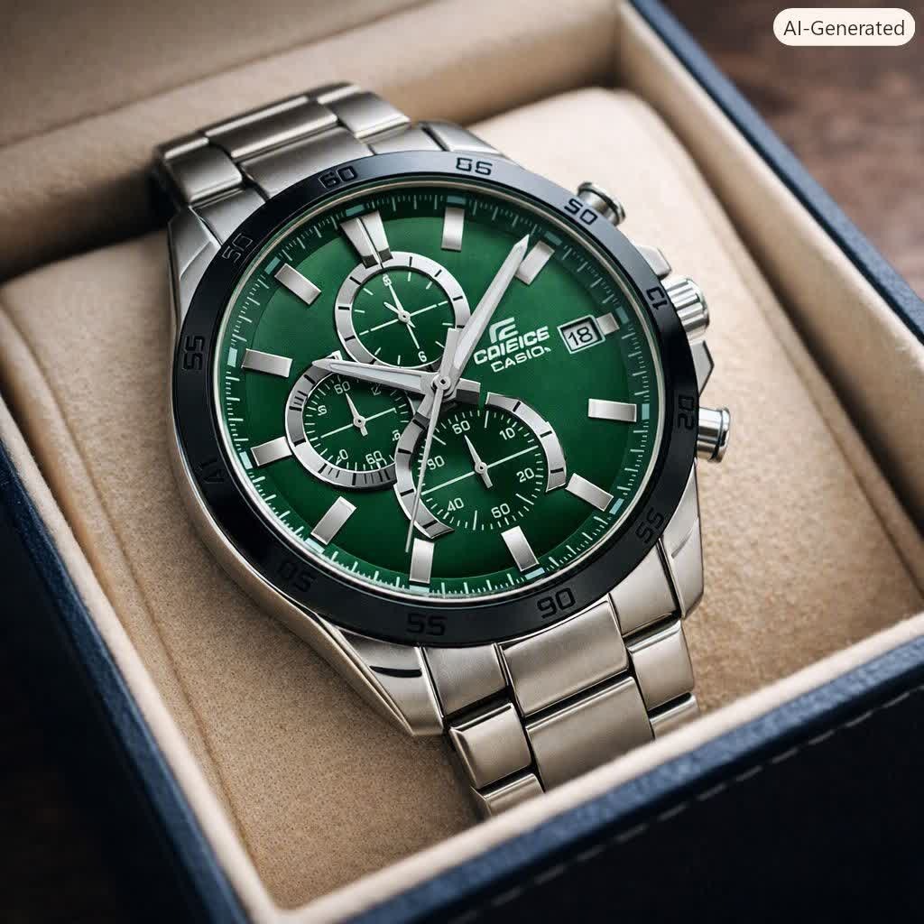 ساعت مچی مردانه کاسیو ادیفایس سه زمانه CASIO EDIFICE صفحه سبز + جعبه