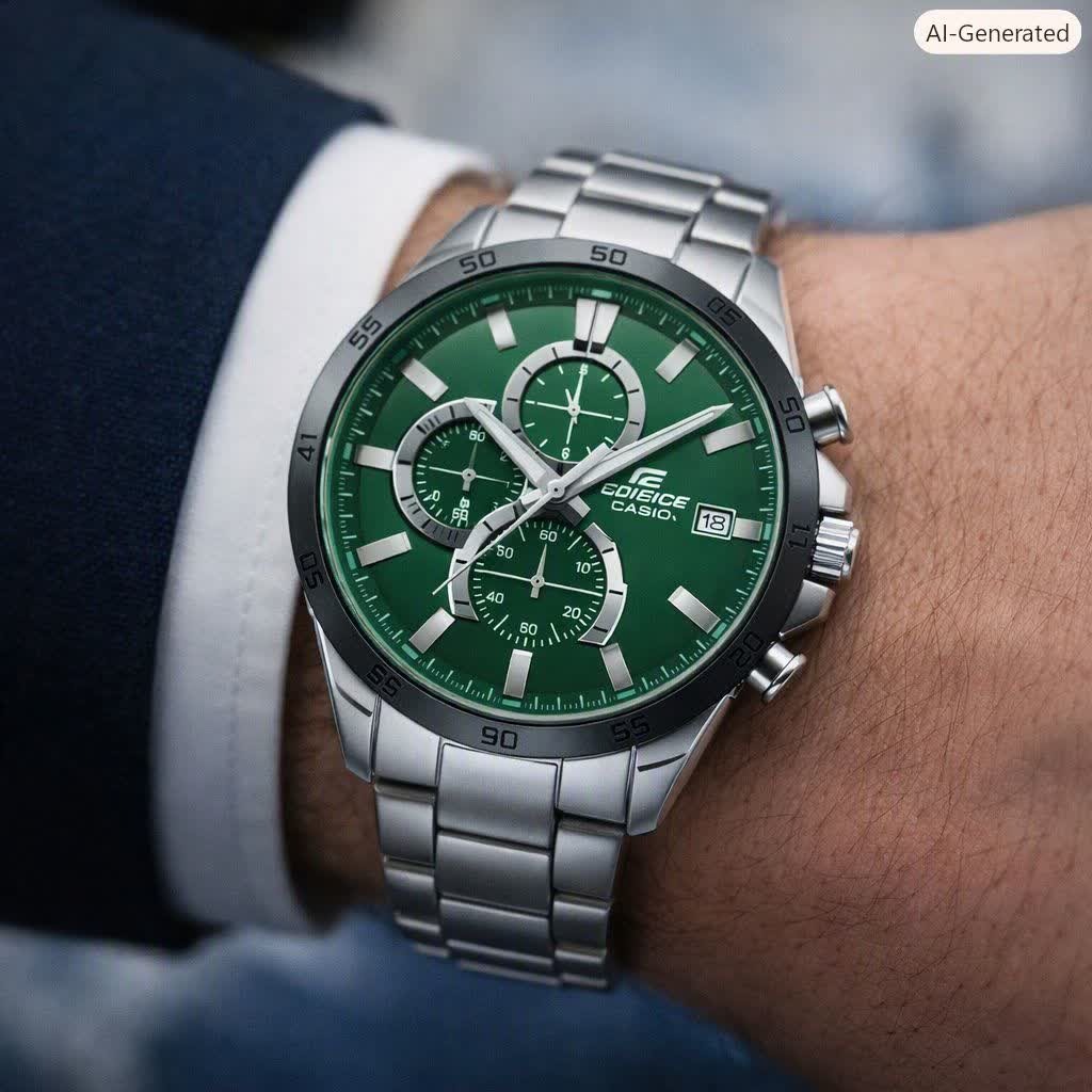 ساعت مچی مردانه کاسیو ادیفایس سه زمانه CASIO EDIFICE صفحه سبز + جعبه