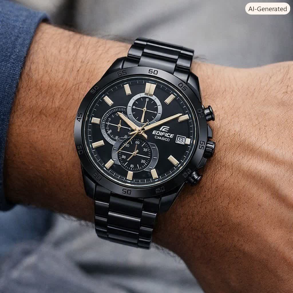 ساعت مچی مردانه کاسیو ادیفایس سه زمانه CASIO EDIFICE فول بلک+ جعبه