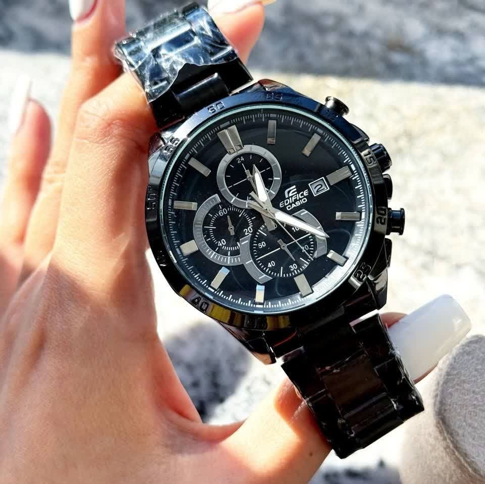ساعت مچی مردانه کاسیو ادیفایس سه زمانه CASIO EDIFICE فول بلک+ جعبه