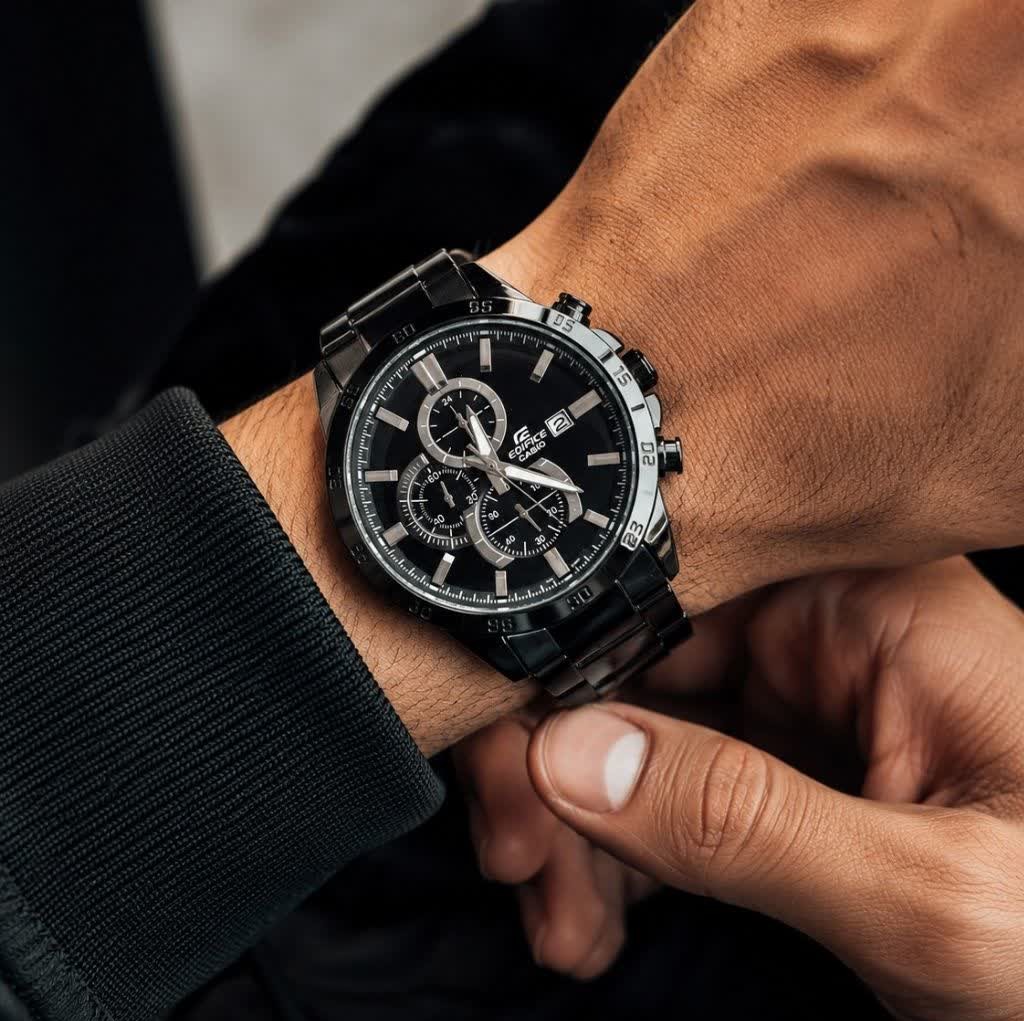 ساعت مچی مردانه کاسیو ادیفایس سه زمانه CASIO EDIFICE فول بلک+ جعبه