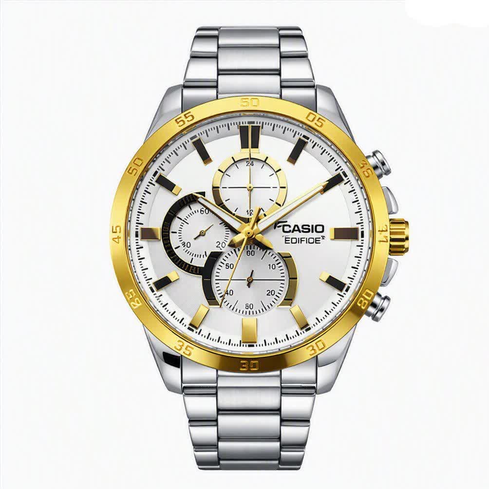 ساعت مچی مردانه کاسیو ادیفایس سه زمانه CASIO EDIFICE نقره ای طلایی + جعبه