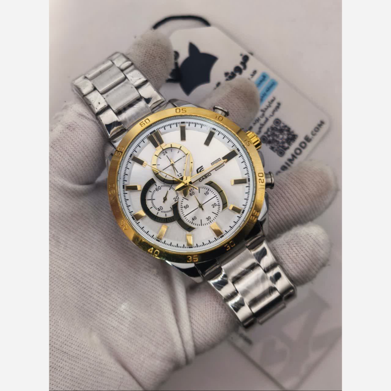 ساعت مچی مردانه کاسیو ادیفایس سه زمانه CASIO EDIFICE نقره ای طلایی + جعبه