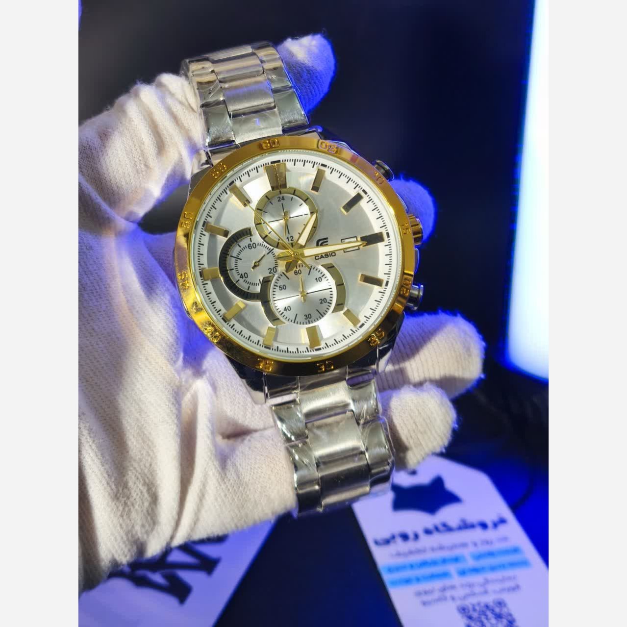 ساعت مچی مردانه کاسیو ادیفایس سه زمانه CASIO EDIFICE نقره ای طلایی + جعبه