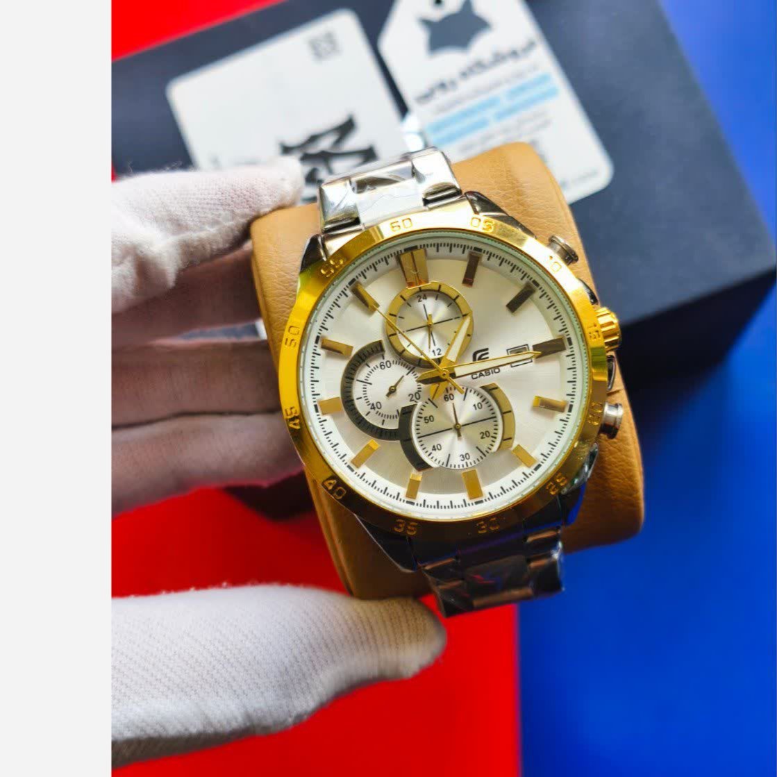 ساعت مچی مردانه کاسیو ادیفایس سه زمانه CASIO EDIFICE نقره ای طلایی + جعبه