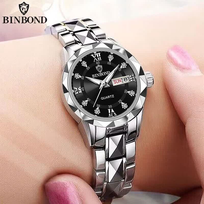 ست ساعت مچی زنانه و مردانه بین باند BIN BOND اورجینال الماسی صفحه مشکی