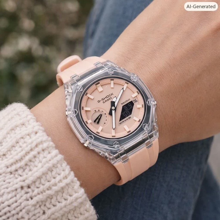 ساعت مچی عقربه ای و دیجیتال زنانه کاسیو جیشاک CASIO G-SHOCK موتور ژاپن کرمی + جعبه