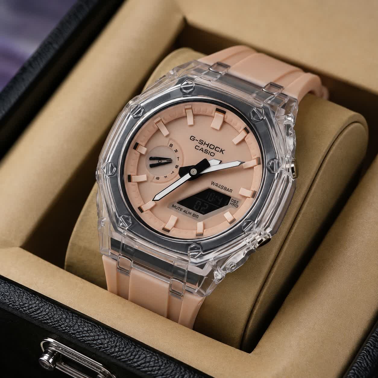 ساعت مچی عقربه ای و دیجیتال زنانه کاسیو جیشاک CASIO G-SHOCK موتور ژاپن کرمی + جعبه