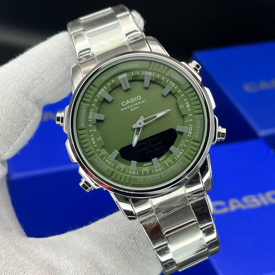 ساعت مچی عقربه ای و دیجیتال کاسیو CASIO صفحه سبز + جعبه