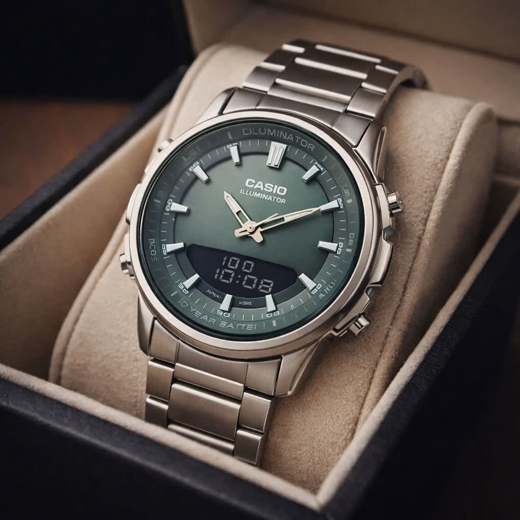 ساعت مچی عقربه ای و دیجیتال کاسیو CASIO صفحه سبز + جعبه